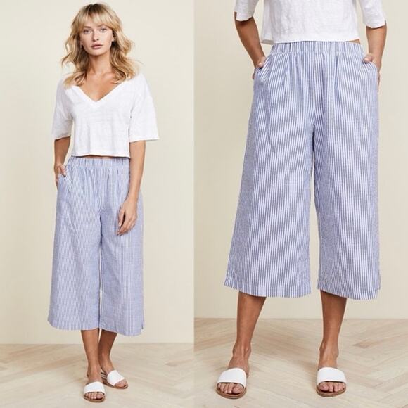 Suboo Blue and White Striped Riviera Cotton Cropped Wide Leg Pants, Size Small - Picture 1 of 14